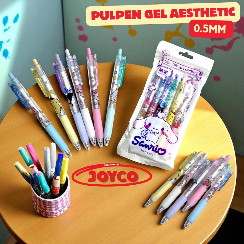 

Pulpen Gel Ink 6 Pcs Karakter Sanrio Pena Hitam Gift Gate Pulpen Gel Mekanik 0.5mm Aesthetic 6in1