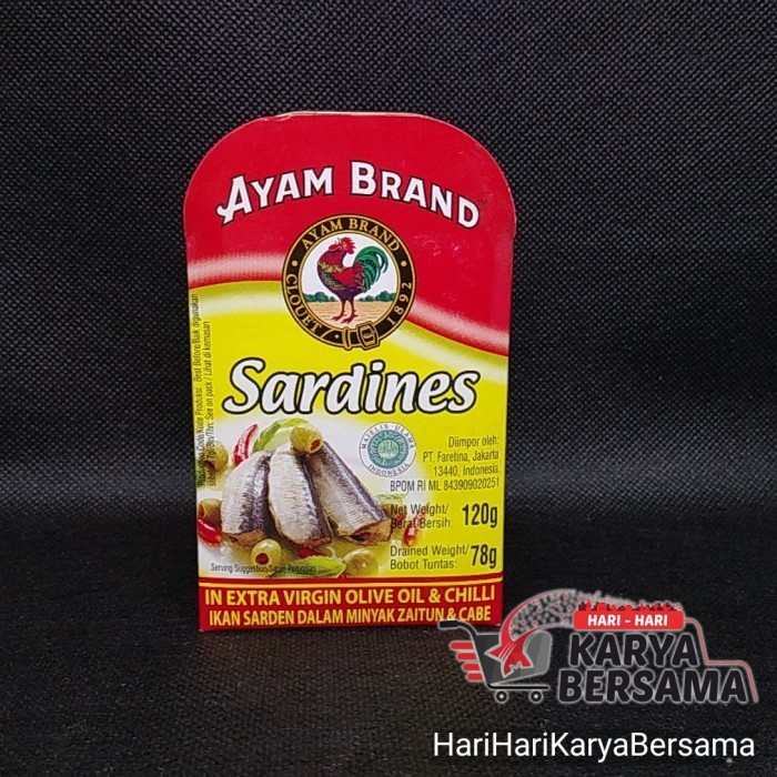 

MAKANAN KALENG AYAM BRAND IKAN SARDINES IN EXTRA VIRGIN OLIVE OIL & CHILLI 120GR