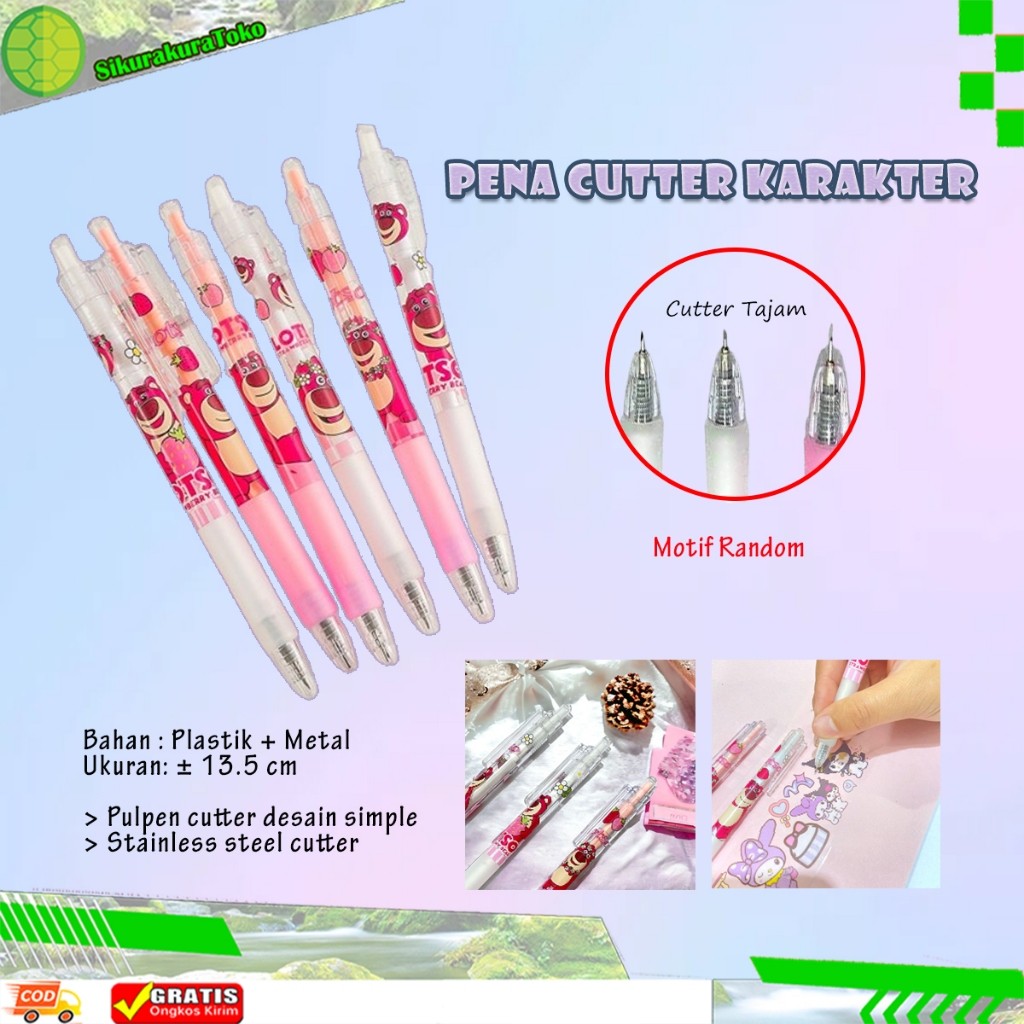 

(SKR) Pena Cutter Karakter Sticker Lancip - Pen Knife Cuter Pemotong Kertas Bentuk Pulpen Lotso Pisau Pencil Kater Bolpoin