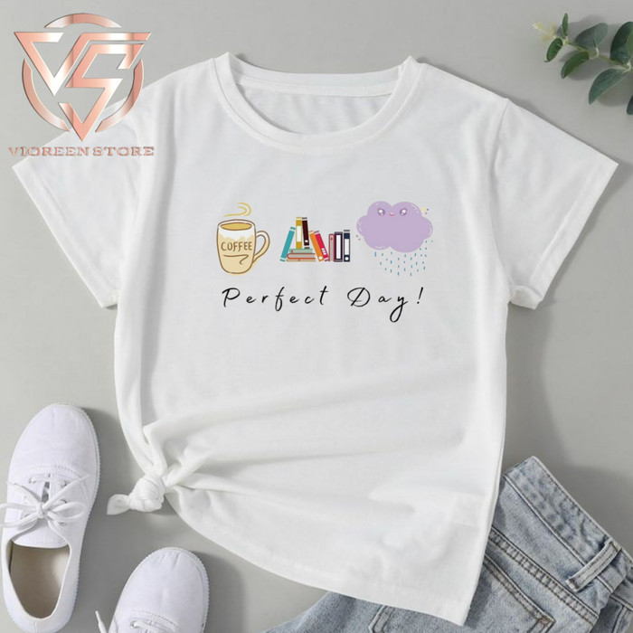 BAJU WANITA KAOS KATUN CEWEK PREMIUM COFFEE BOOK RAIN SIZE S-4XL - Putih, S