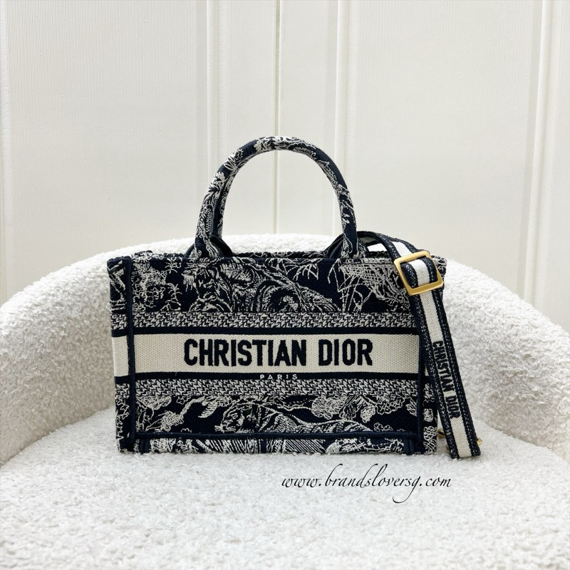 (Pre-loved) Dior Mini Book Tote with Strap in Blue Toile de Jouy Reverse Embroidery Canvas