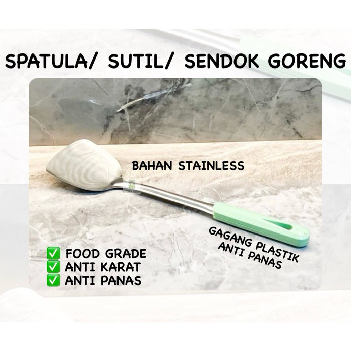 Spatula Sodet Stainless Tebal Anti Panas Dan Lengket Sutil Goreng Gagang Plastik Hijau