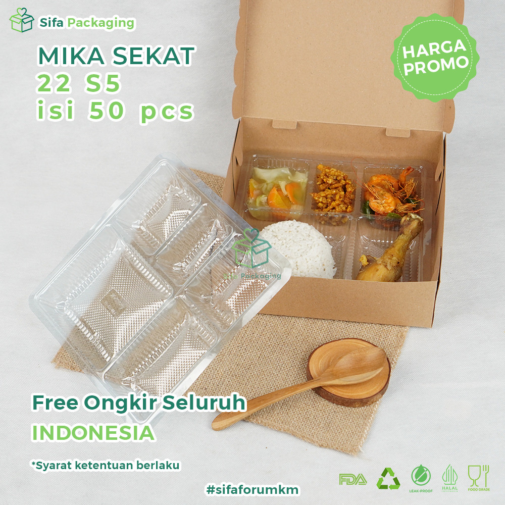 Mika Dalam Dus Nasi 22x22 Mika Sekat 5 Kotak Nasi Catering Box Tray Isi 50 Pcs
