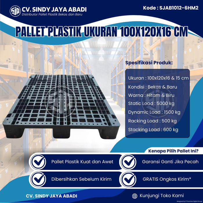 

Pallet Plastik Bekas Ukuran 100x120x16 cm - SJAB1012-6HM2 / Pallet Plastik Warna Hitam / Pallet Plastik Jaring