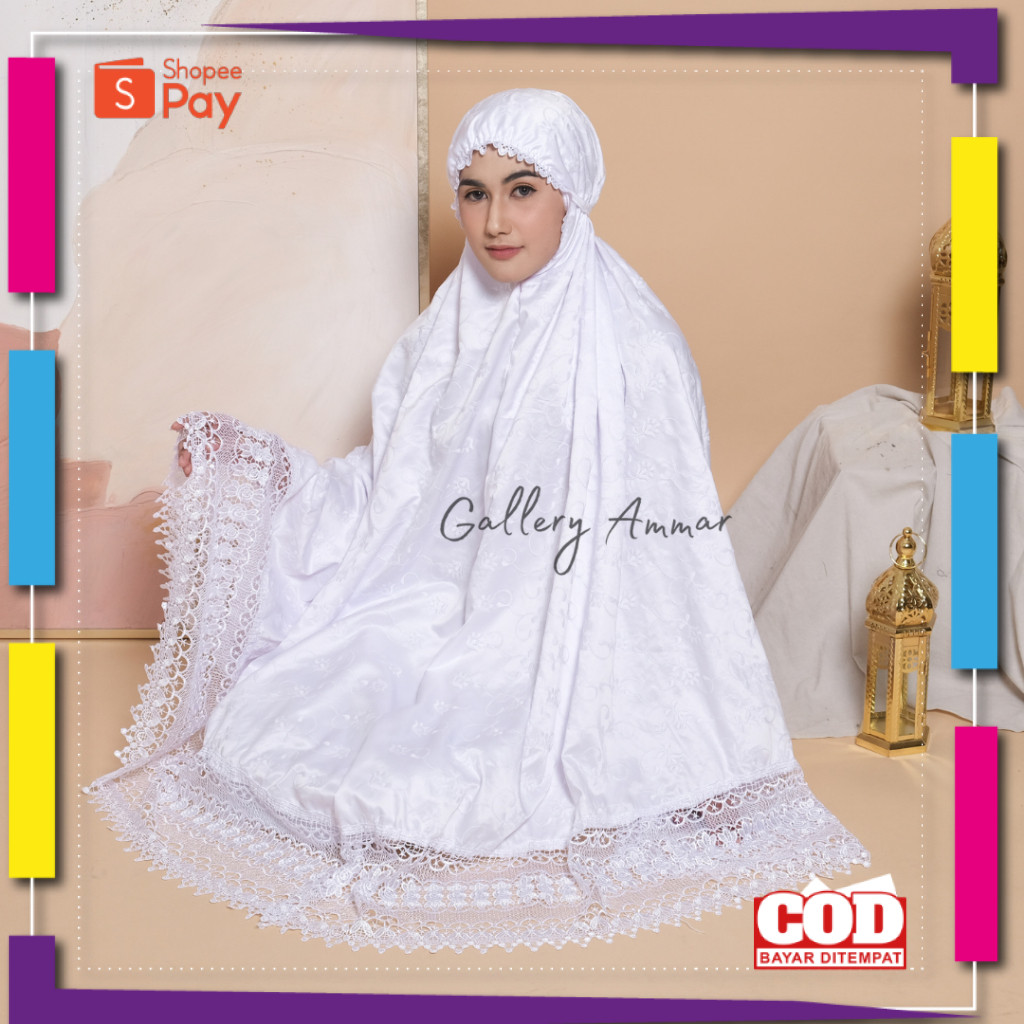 [PREMIUM ORIGINAL] AMMAR - Mukena Dewasa Sutra Renda Mewah Putih Senada