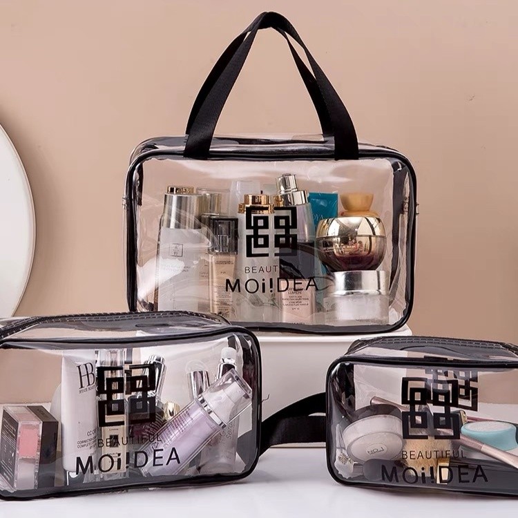 Tas Kosmetik Hitam Portable Model Transparan Bahan Plastik / Pouch Untuk Travel Anti Air Washbag Pla