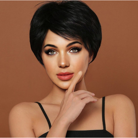 Wig Wanita Rambut Pendek Poni Samping - Wig Rambut Pendek Lurus - Hitam