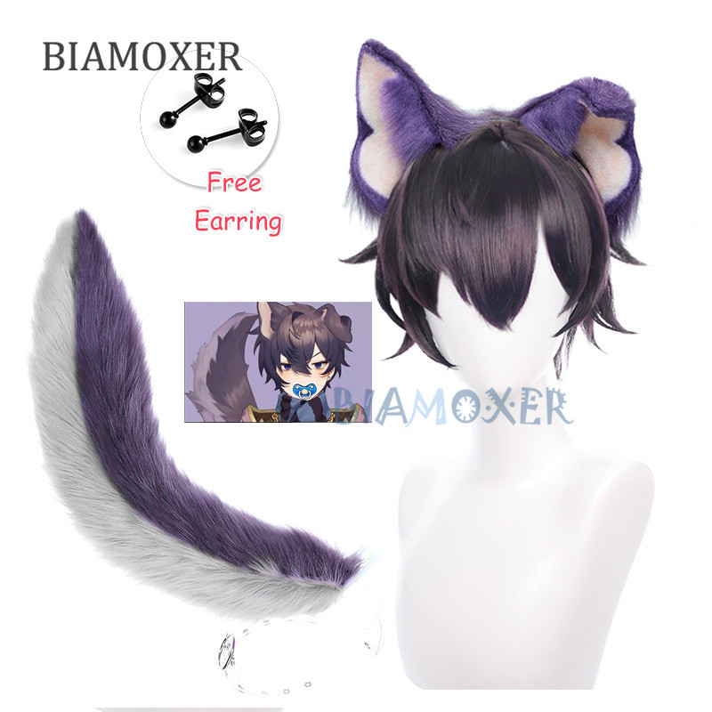 Shoto Cosplay Wigs Vtuber Ears Tail Purple Gray Tail Handband Shxtou Cosplay Costume Hair Wig Props 