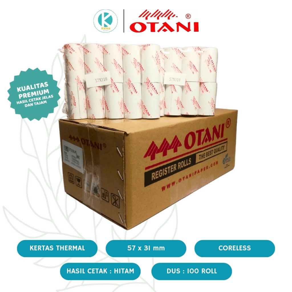 

Kertas Struk Kertas Thermal Roll 57x31 mm Coreless OTANI Termal Kasir EDC Thermal 58mm Hasil Cetak Hitam Perdus: 100 Roll