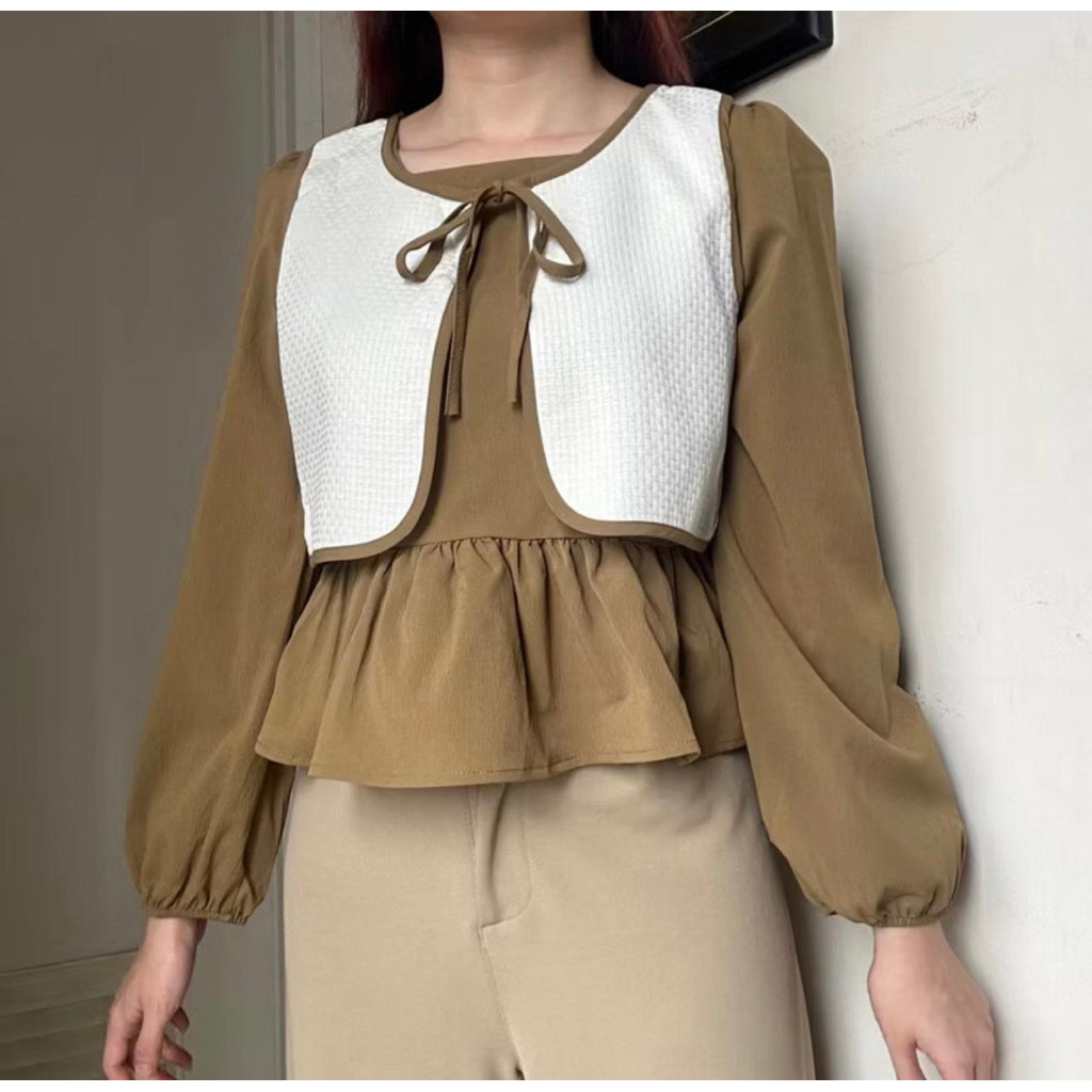 AZ.FS - GFS BLOUSE WANITA KOMBINASI MODEL ROMPI /  SACHI LONGSLEEVE BLOUSE / BLUS LENGAN PANJANG / P