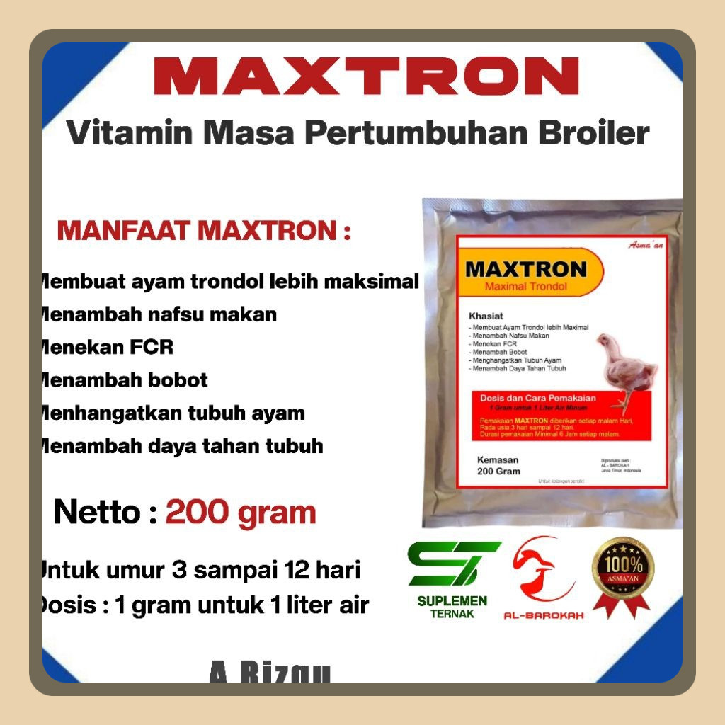 MAXTRON ( Maximal Trondol ayam broiler ) - SUPLEMEN MASA PERTUMBUHAN - SUPLEMEN dan VITAMIN AYAM BRO