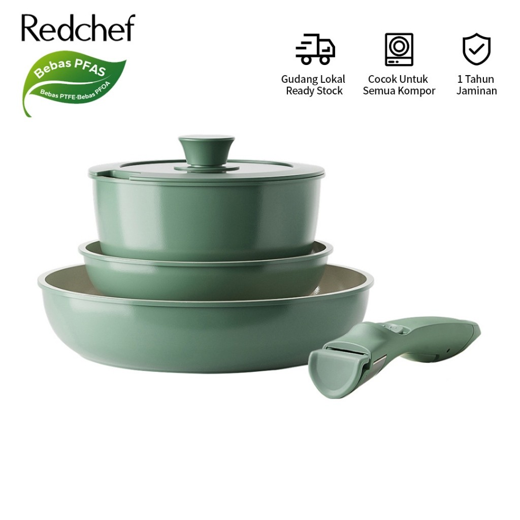 

Redchef Set Peralatan Masak Keramik Anti Lengket Hijau5Pcs/16Pcs Gagang Lepas Tanpa PFAS, PTFE, PFOA Cocok untuk Semua Kompor