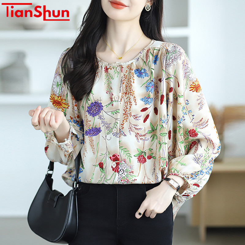 TianShun Blus Cetakan Leher Bulat Wanita Kemeja Lengan Panjang Sifon OL Perjalanan Modis Gaya Korea