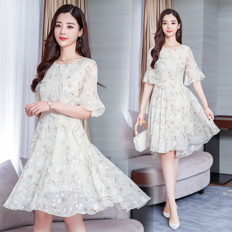Gaun Dress Sifon Motif Bunga Rok Wanita Gaya Korea Style