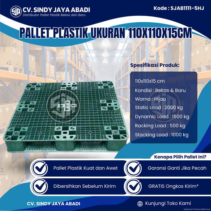 

Pallet Plastik Bekas Ukuran 110x110x15 cm - SJAB1111-5HJ / Pallet Plastik Warna Hijau / Pallet Plastik Jaring