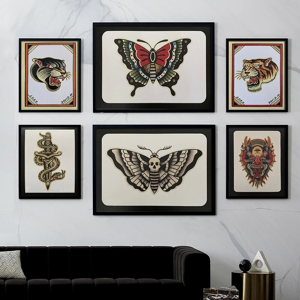 

Scandinavian classic vintage wall art fangs flowers butterfly tattoos skulls HD canvas poster prints home bedroom living room de