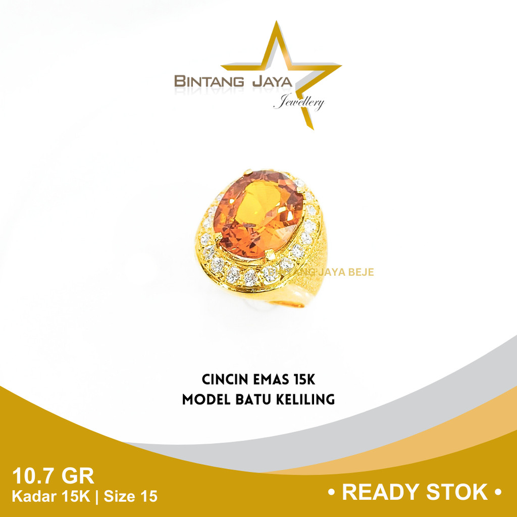 Cincin Emas Cowok Kadar 15K Berat 10.7 gr gram Size Ukuran 15 Model Batu Orange Keliling Mata Putih 