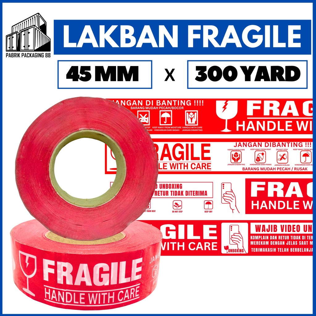 

Lakban Fragile Merah 2 Inch 300 Yard Jangan Dibanting 48 45 Mm 2" 300Y Handle With Care