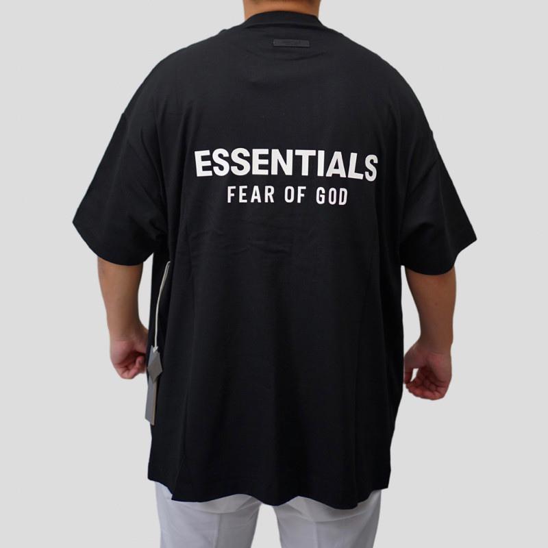 Kaos Oversize Fear Of God Essentials Back Logo Jersey Crewneck Black Tee Original