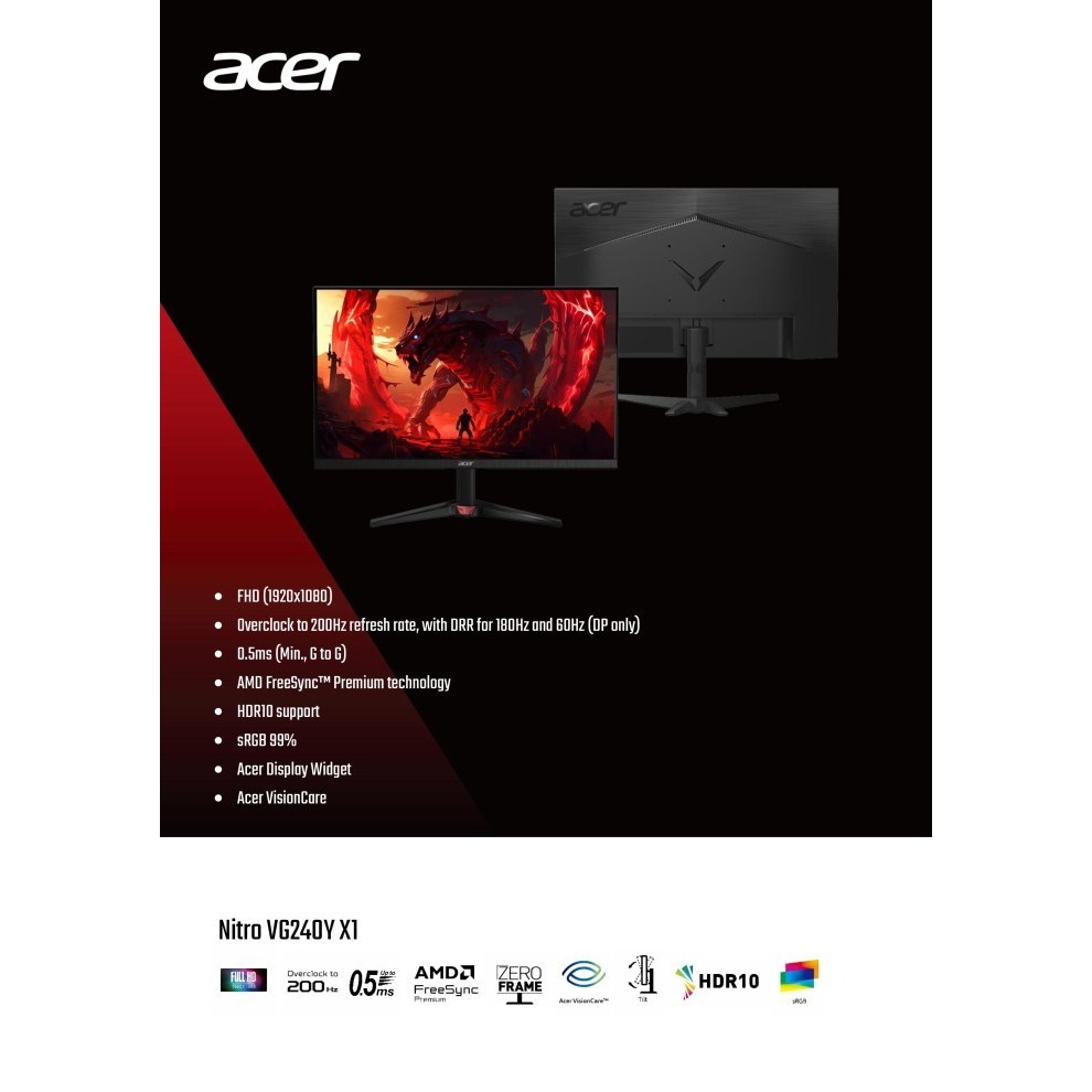 ACER GAMING MONITOR Nitro VG240Y X1 200Hz Built in Speaker IPS Nitro VG240Y-X1