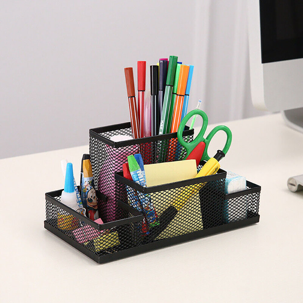 

Mesh Desk Organizer 4 Compartments Metal Mesh Pen Holder Multi-Functional Desk Caddy For Home Office School