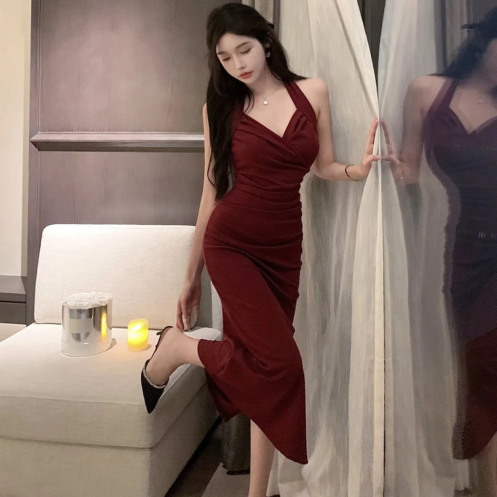 Meirong baju dress merah pantai panjang wanita elegan wanita long red dress press body korea style
