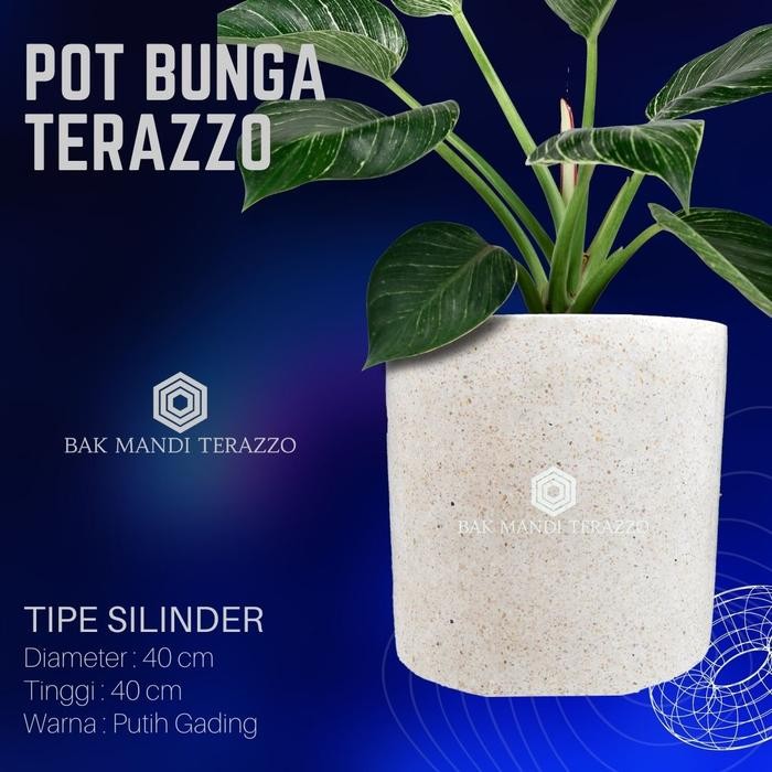 Pot Taman Silinder Terazzo Minimalis Pot teraso marmer putih