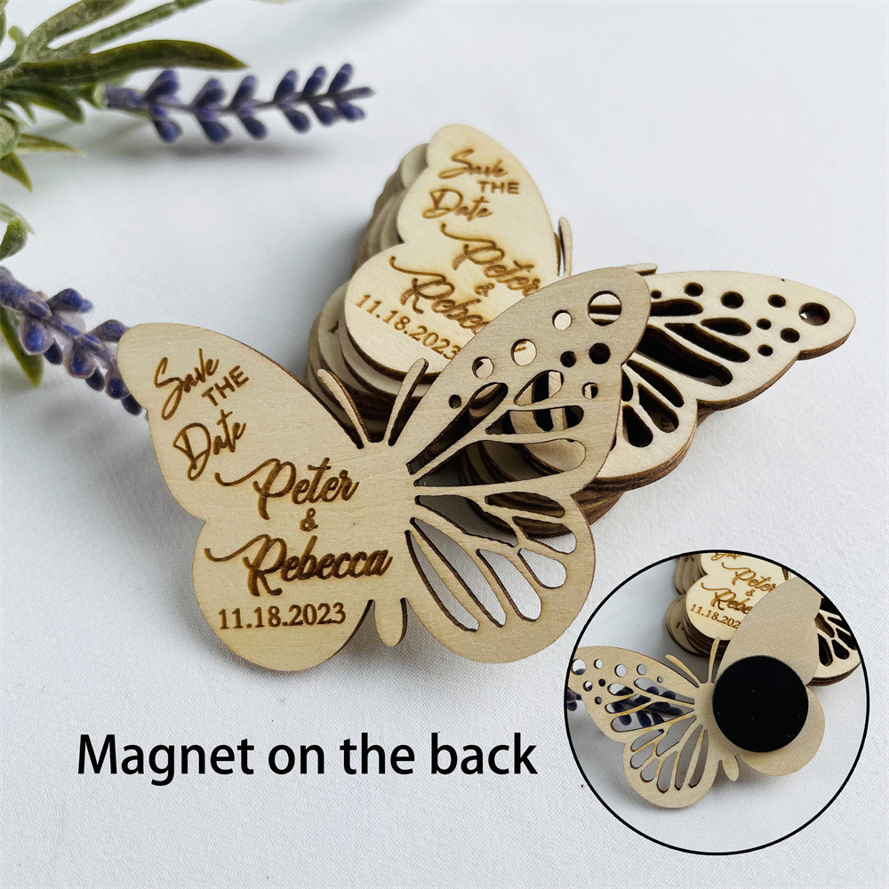 

Personalized Name Butterfly Save The Date Magnets Rustic Wooden Bridal Shower Favor Wedding Invitation Birthday Party Label Tag