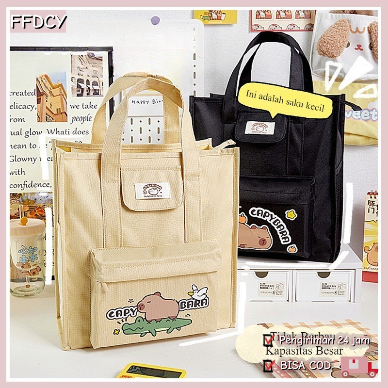 QH Guru Anak Tote Book Organizer Pufferfish Tote Canvas Belanja Cetak Kartun Tas Multifungsi Tas