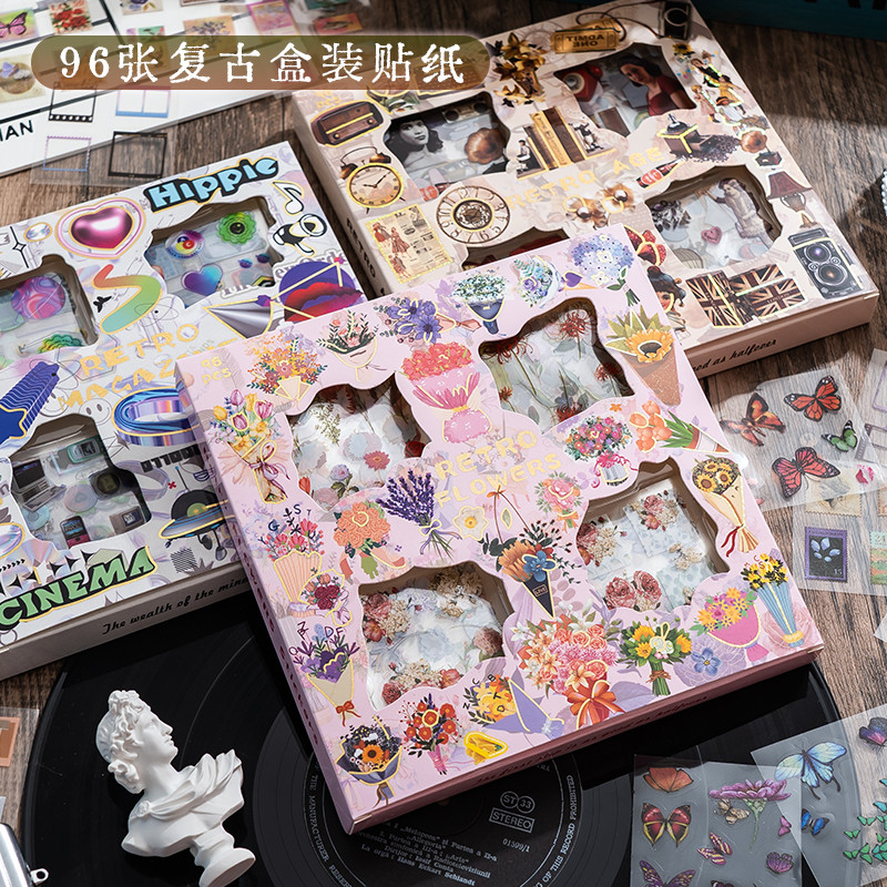 

96pcs/1pcs vintage boxed stickers diy decoration handbook material pet waterproof small pattern handbook stickers