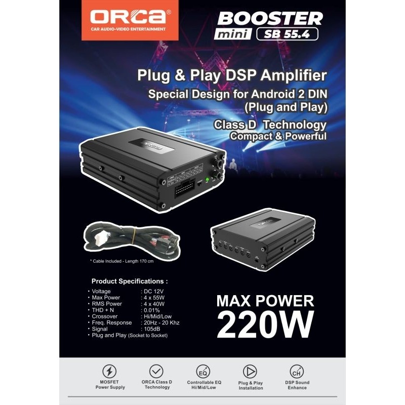 DSP Amplifier 4 Channel ORCA SB 55.4 Plug & Play Android Digital Signal Sound Processor Power Boster