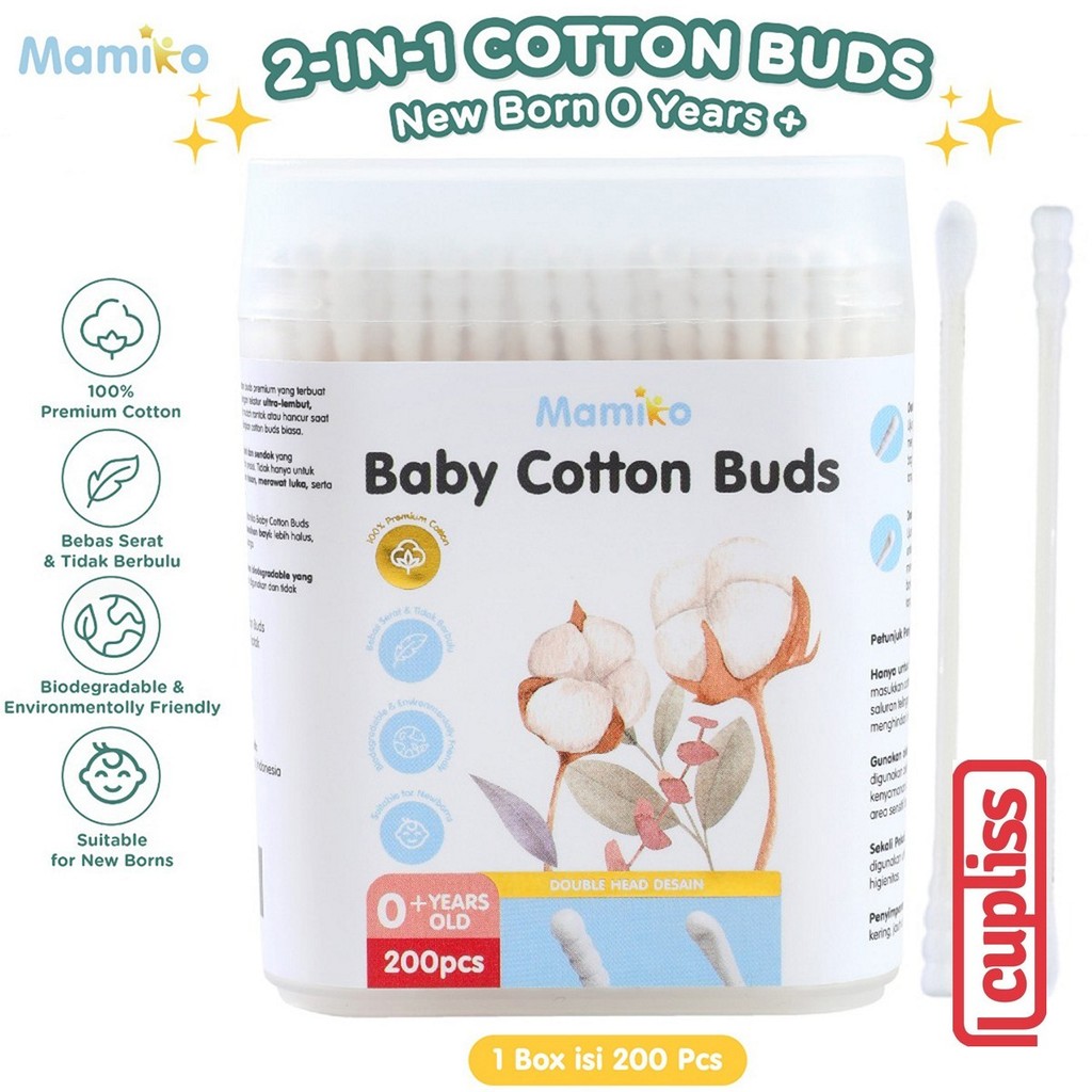 Mamiko Original Cotton Bud 2in1 Pembersih Telinga Buds Korek Kuping Bayi Spiral Cekung 2 Sisi Cuplis