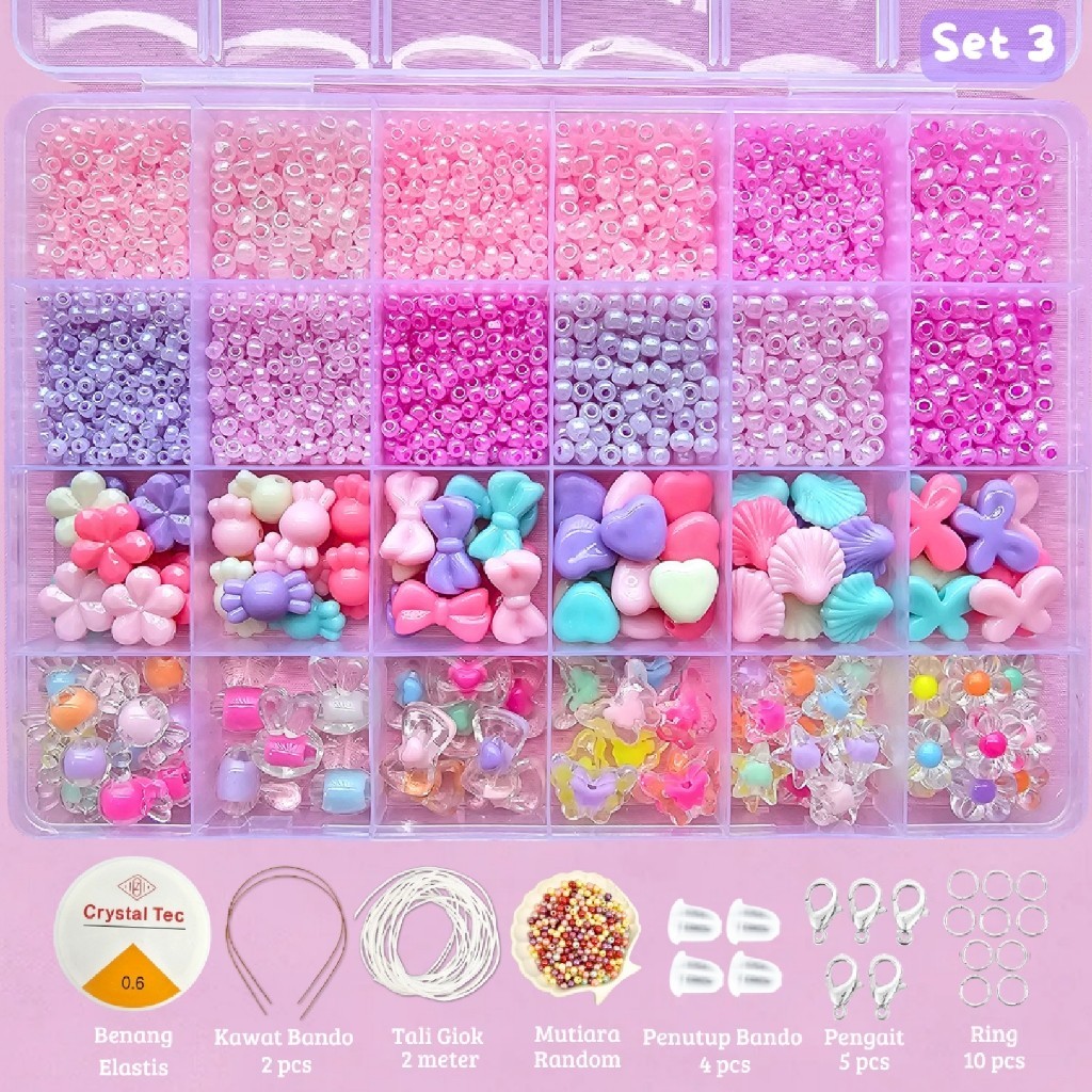 Mainan Anak Anak DIY Manik Manik Set Box Lucu Korea Beads Aesthetic (Gratis Benang Elastis + Tali Gi