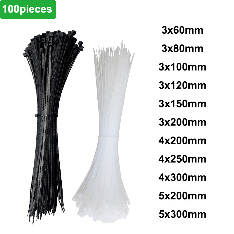 

100pcs/bag Cable Tie Self-Locking 3x80mm/4x200mm/5x300mm Plastic Nylon Tie Fastening Ring Zip Wraps Strap Tie Black/White