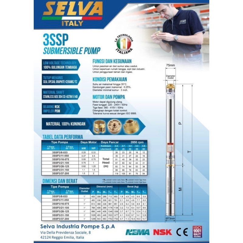 MESIN POMPA AIR CELUP SELVA 3inc 0,33 0,50 0,75HP SUBMERSIBLE PUMP POMPA AIR SATELIT KOMPLIT KABEL D