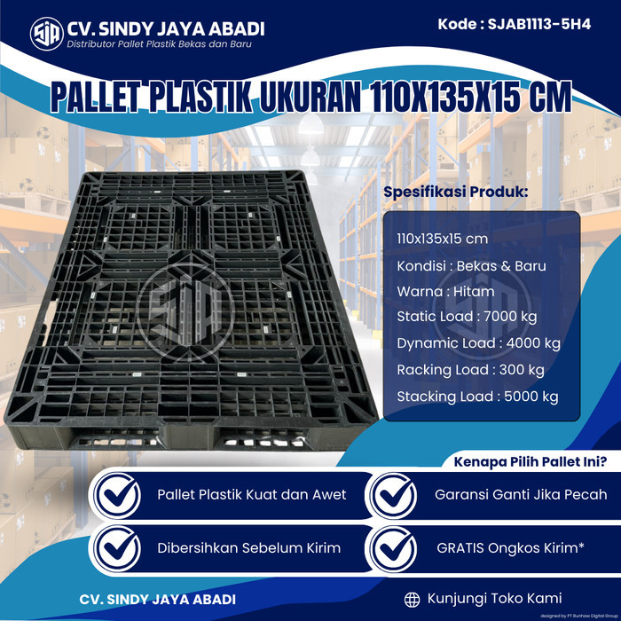 

Pallet Plastik Bekas Ukuran 110x135x15 cm - SJAB1113-5H4 / Pallet Plastik Warna Hitam / Pallet Plastik Jaring