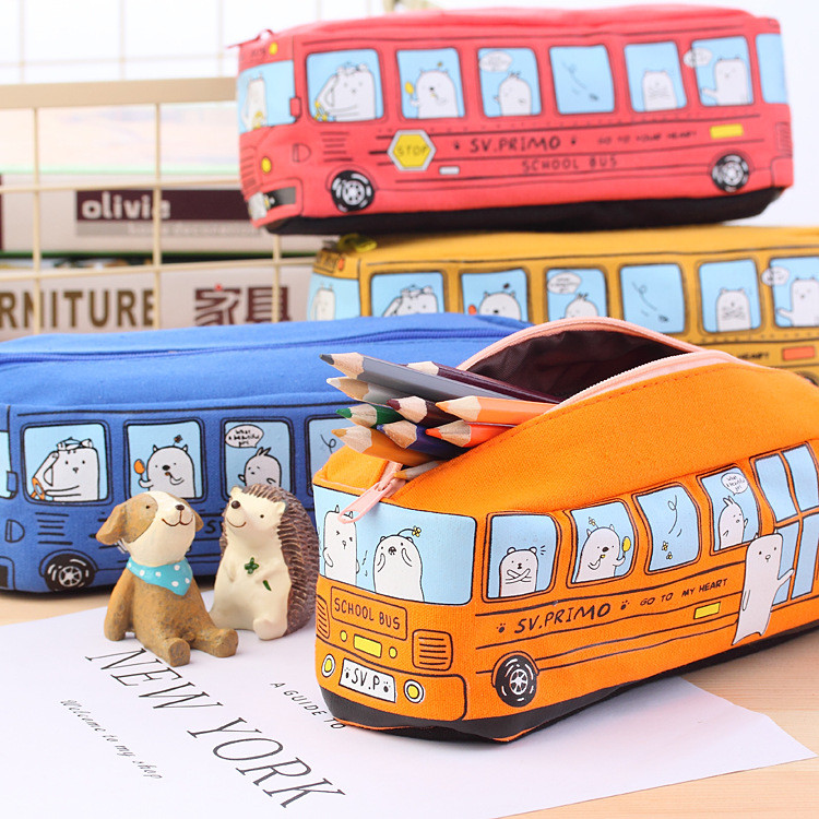 

Creative School Bus Pencil Case Cartoon Animal Large Capacity Canvas Cute Pencil Bag School Stationery Pen Bag Storage Holder