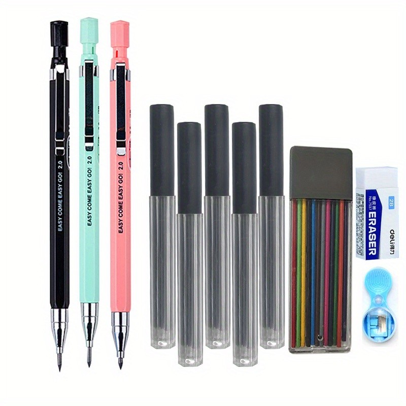 

9/7Pcs 2.0Mm Mechanical Pencils Black Lead, 12 Color Lead Eraser, Sharpener, Refills Art Sketching, Writing, Engineering