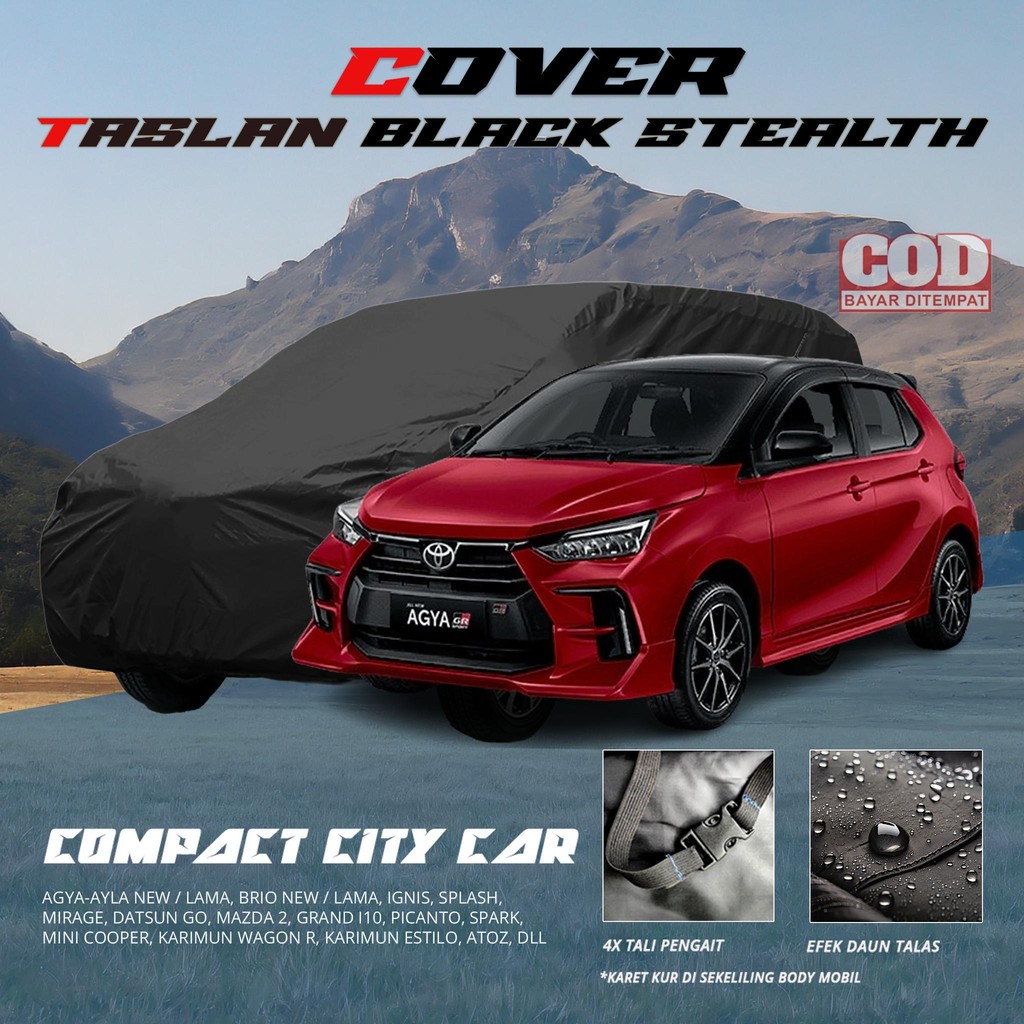 Cover Mobil Outdoor Kain Taslan Hitam Polos: Karet Kur Keliling Tali Pengait AGYA-AYLA NEW LAMA, BRI