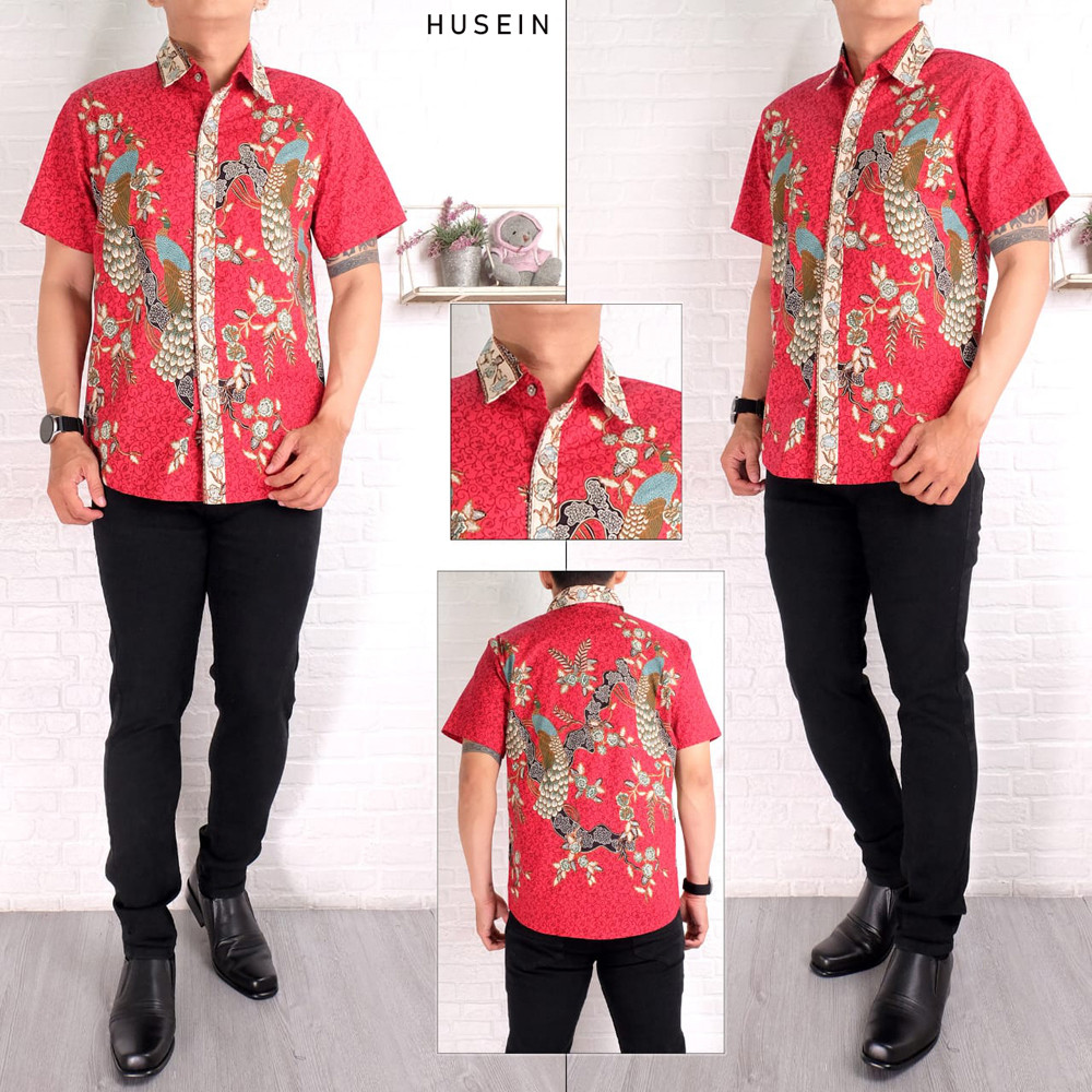 GIRLY Husein Red Man Kemeja Batik Pria Lengan Pendek Merah Batik Couplee Natal
