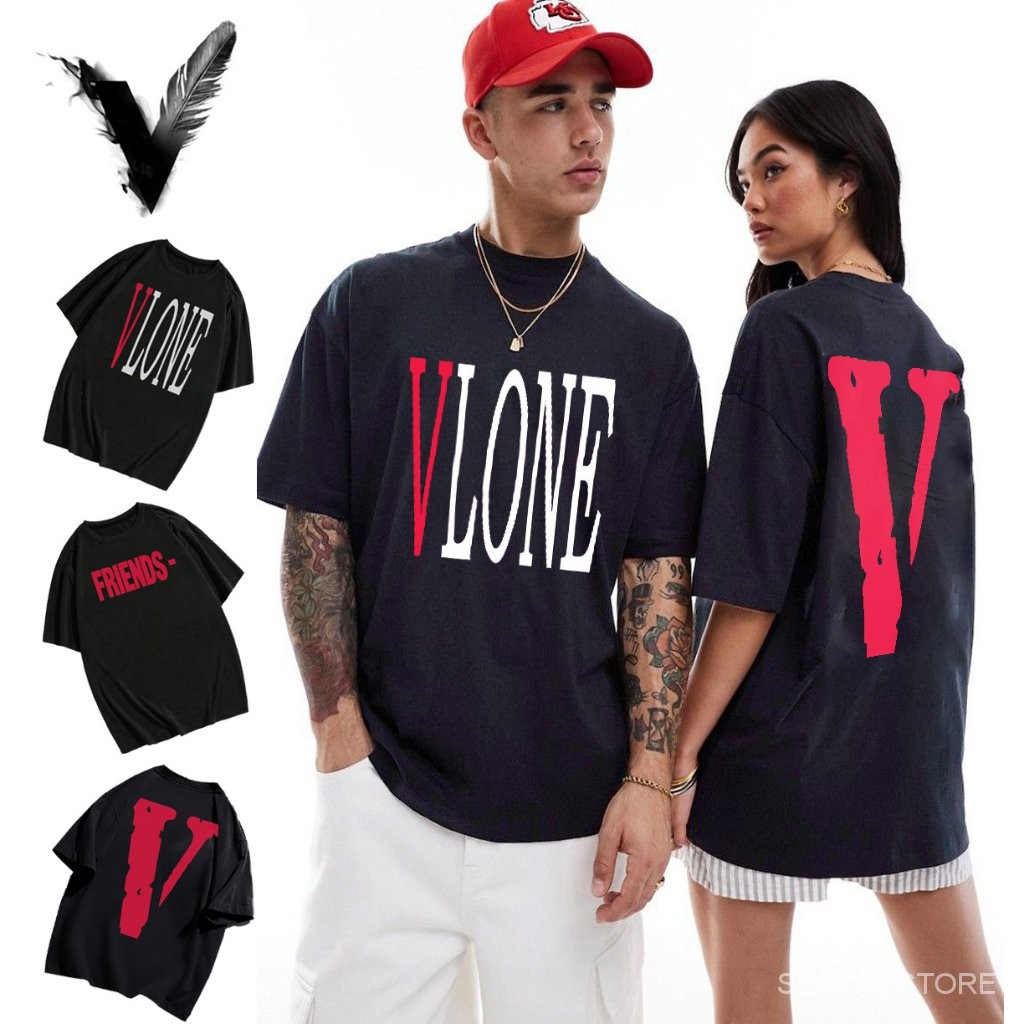 Black Feather Fashion Cotton VLONE print for men women white and black t shirt