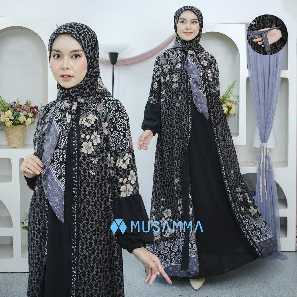 CV56TY AMANDA DRESS - Gamis Ceruty Mix Ceruty Print Full Furing Busui dan Wudhu Friendly Kerudung Se
