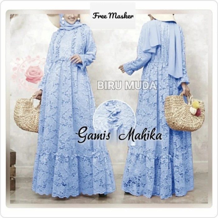 gamis pesta brukat XXL mahika biru muda baju muslim undangan mah gb