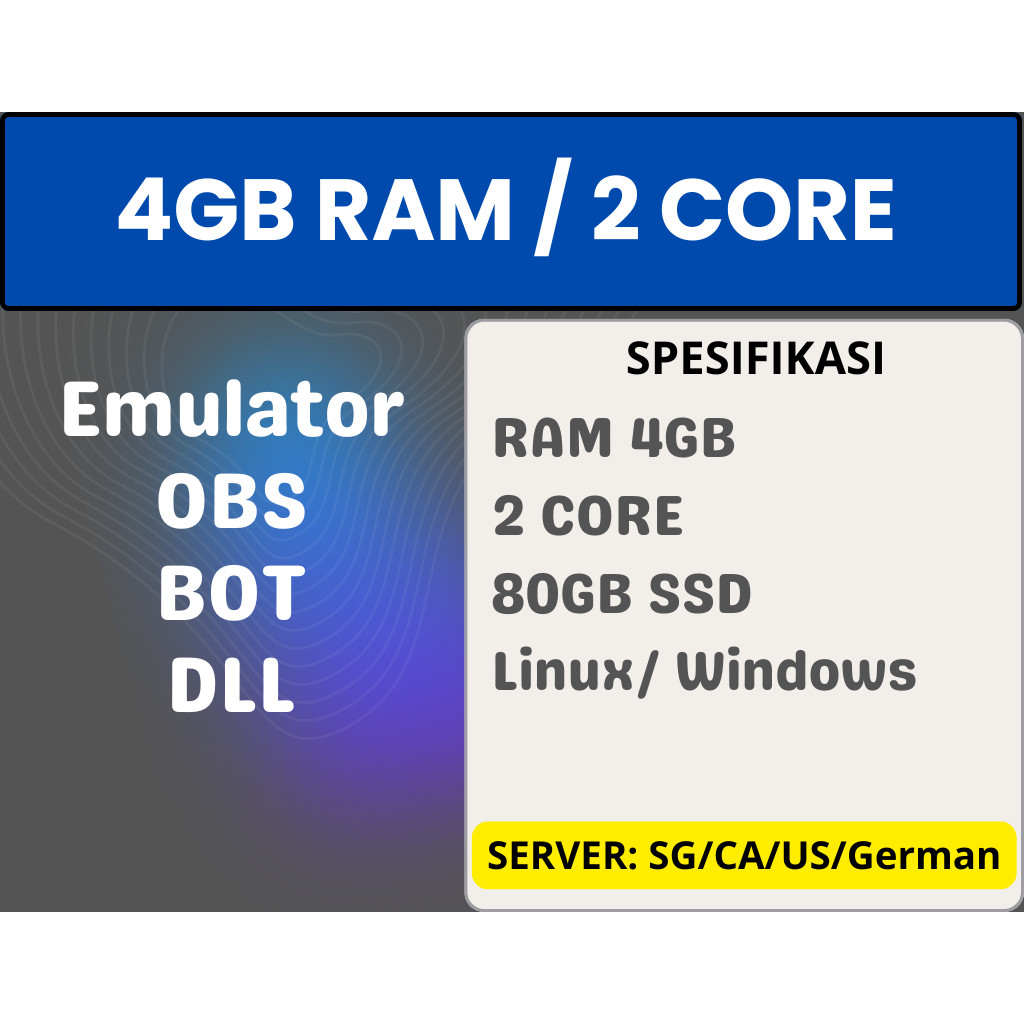 RDP/VPS 4GB RAM 2 CORE BULANAN FULL GARANSI