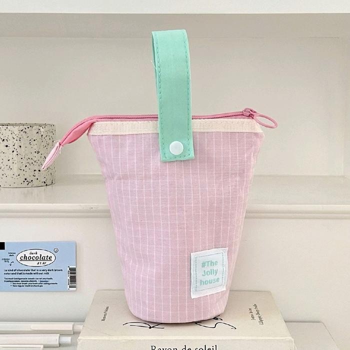 

READY Pencil case tempat pensil berdiri standing pen case pouch bag makeup - Pink plaid