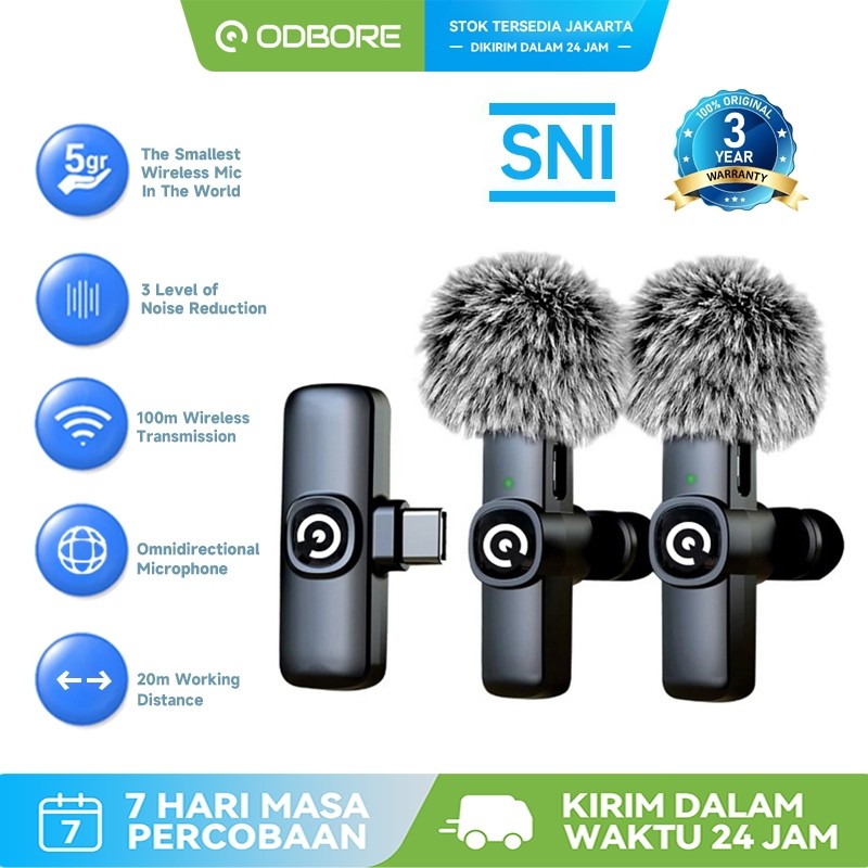ODBORE Premium Mic Wireless Clip On Microphone Live Streaming Clear Mikrofon Lavalier HP Plug & Play