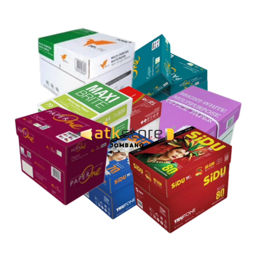 

Kertas HVS A4 70 Gram 1 Box Isi 5 Rim Sidu Maxi Brite PP Lite AONE BMO Paper Fotocopy 75 Gsm Karton