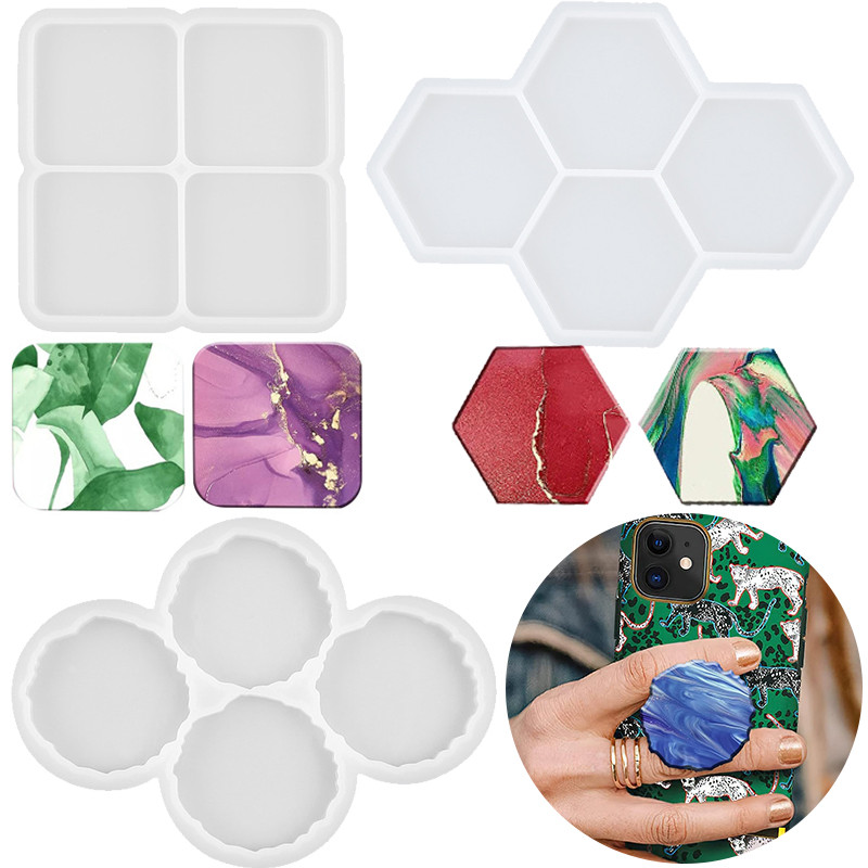 

4-Cavity Phone Grip Silicone Mold DIY Square Round Hexagon Coaster Phone Socket Stand Craft Casting Epoxy Resin Mold