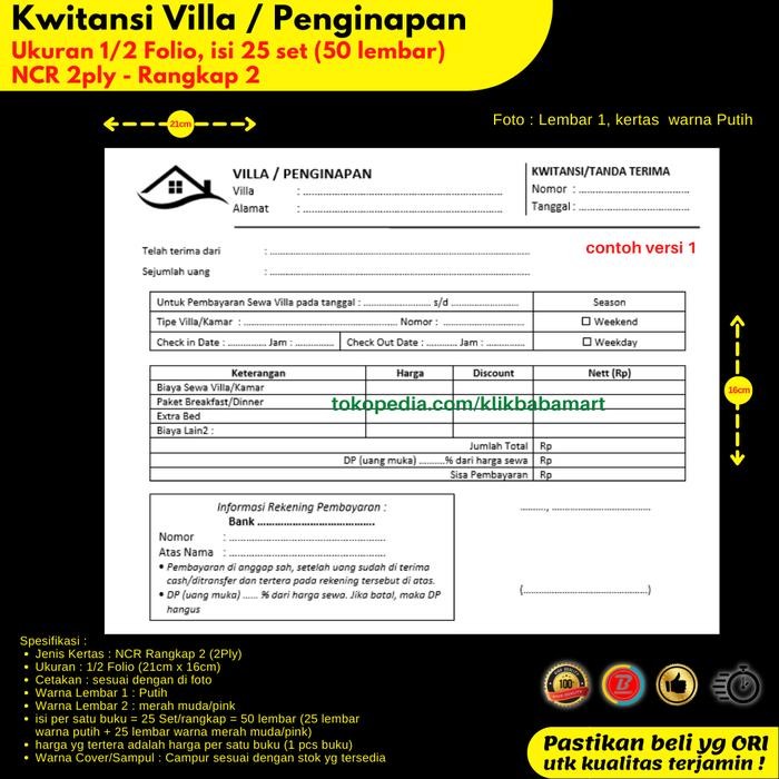 

AHHA CETAK KWITANSI NCR 1/2 FOLIO RANGKAP 2 CUSTOM - Villa