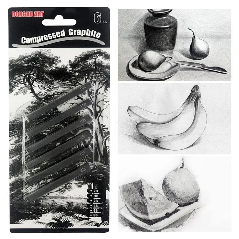

6pcs Professional Pure Carbon Sketch Carbon Strip Pens Hard/Medium/Soft Woodless Charcoal Pencil Set Drawing Painting Supplies